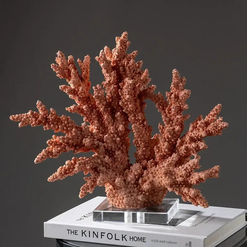 Modern coral resin sculpture in coral orange with textured branching design for living room ornamentation