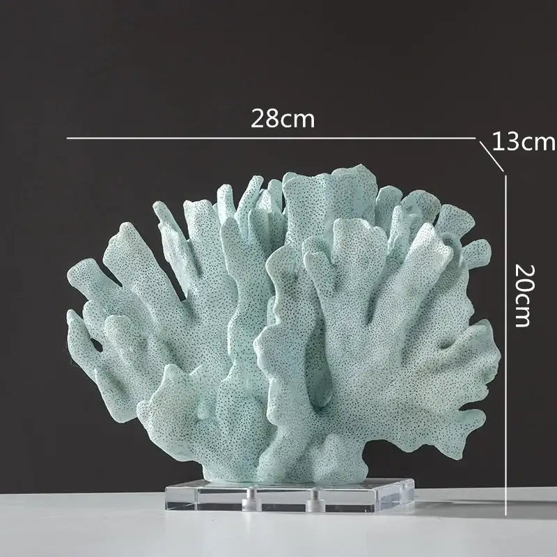 Modern light blue coral resin sculpture with textured porous surface and branching structure for living room decor