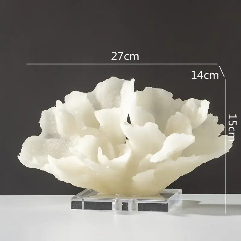 White coral resin sculpture with intricate layered branches on clear acrylic base for modern living room decor