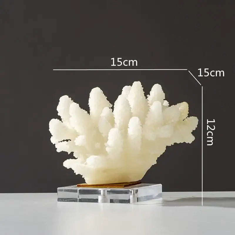 Modern light blue coral resin sculpture featuring a white intricately branched coral displayed on a clear base