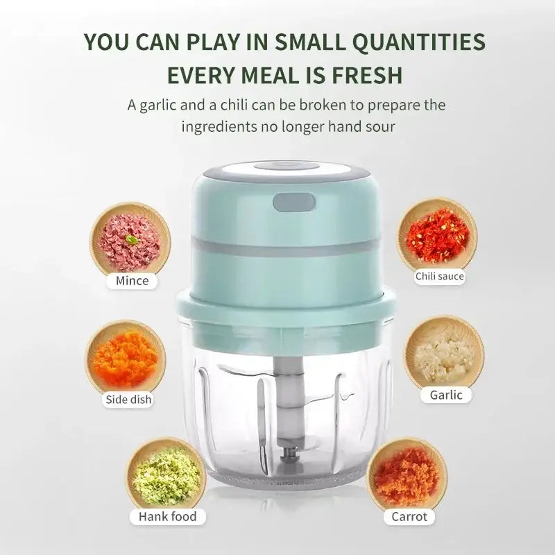 Modern light blue electric food chopper with clear plastic body and sleek design for garlic mashing and food prep