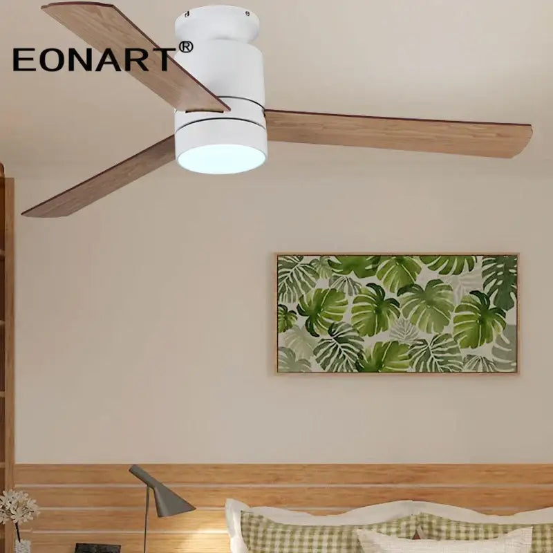 White cylindrical ceiling fan with three wooden blades and integrated lighting 40 inch led ceiling fan with remote control