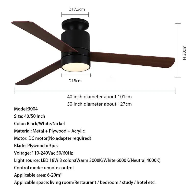 Modern light brown 40 inch led ceiling fan with remote control featuring black body, three dark wood blades, and central light fixture