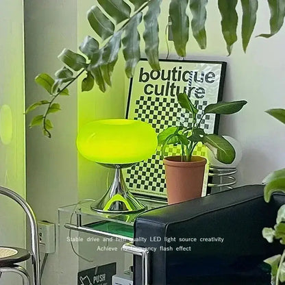 Modern lime green resin stool with a vibrant lime green translucent acrylic glass desk lamp by decorbites glass desk
