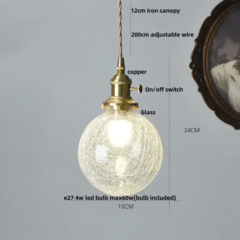 Modern lime and teal blue bubble glass ball pendant light with crackled glass globe and brass copper hardware by decorbites bubble glass