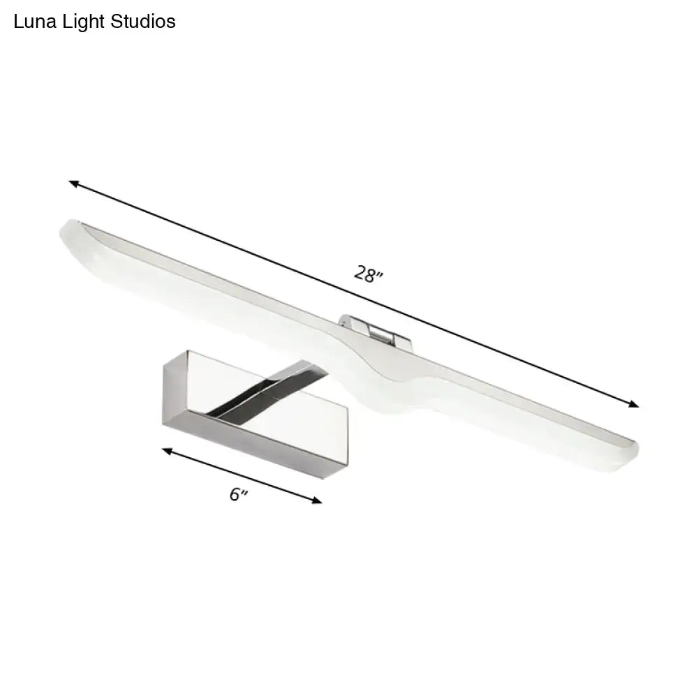 Modern 28-inch linear acrylic wall-mounted light fixture with white diffuser and nickel finish chrome bracket for bathroom use