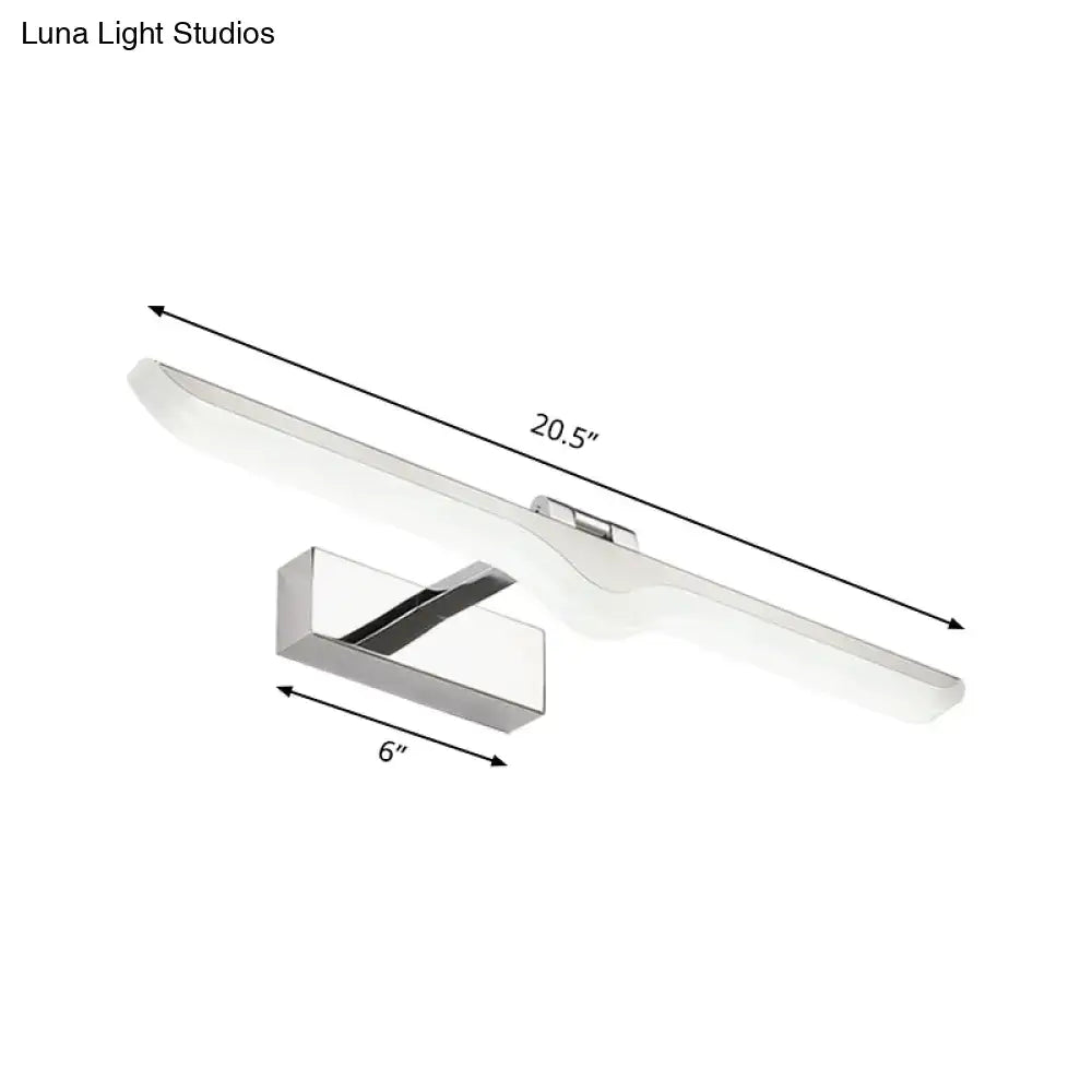 Modern linear acrylic bathroom light fixture with nickel finish, white diffuser, and chrome wall-mounted bracket