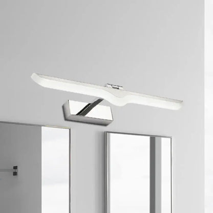 Modern linear acrylic nickel finish light fixture with chrome led vanity light and curved white diffuser for bathroom use