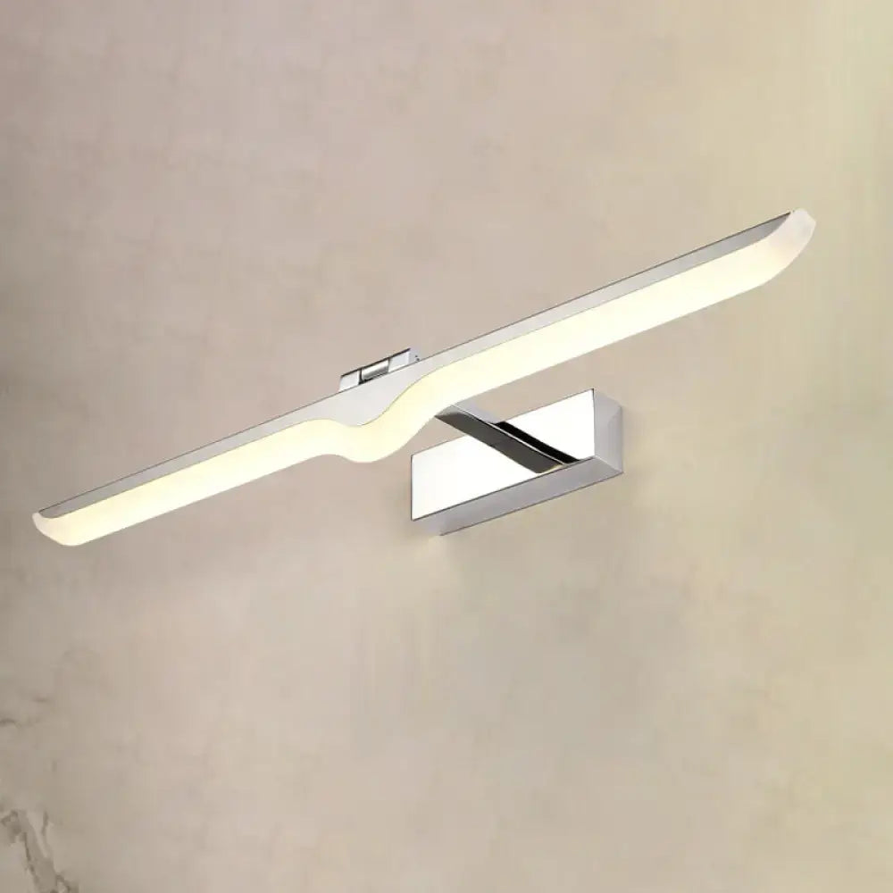 Modern linear acrylic wall sconce with nickel finish, chrome curved light bar, and minimalist rectangular bathroom mount