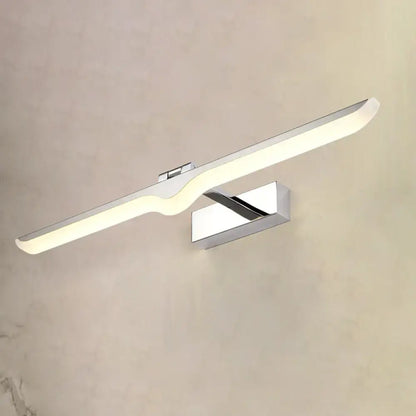 Modern linear acrylic wall sconce with nickel finish, chrome curved light bar, and minimalist rectangular bathroom mount