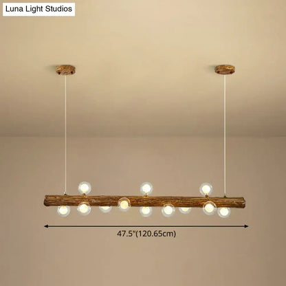 DecorBites brown modern linear island pendant lamp with rustic wooden beam and clear glass globe bulbs