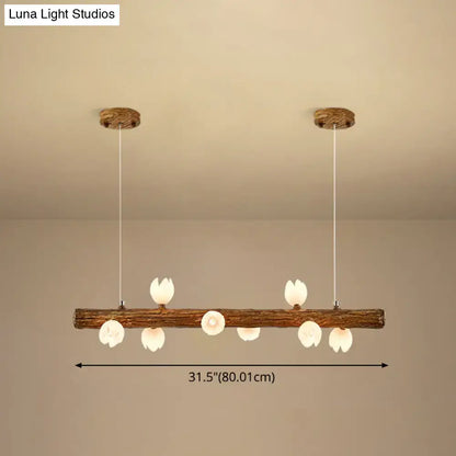 Rustic wooden log pendant light with six white ceramic flower-shaped bulbs in decorbites brown modern linear metal lamp