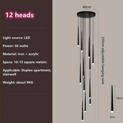 Modern loft black led stair chandelier with 12 tapered led light heads hanging from a circular iron base by decorbites loft black