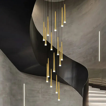 Golden slender pendant lights in a cascading arrangement for modern loft black led stair chandelier living room decorbites loft black