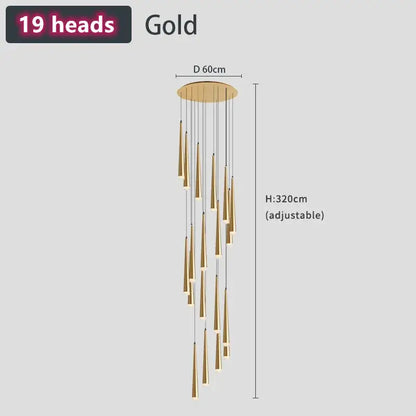 Modern loft black led stair chandelier with gold-toned 19 cone-shaped light fixtures for living room decorbites loft black