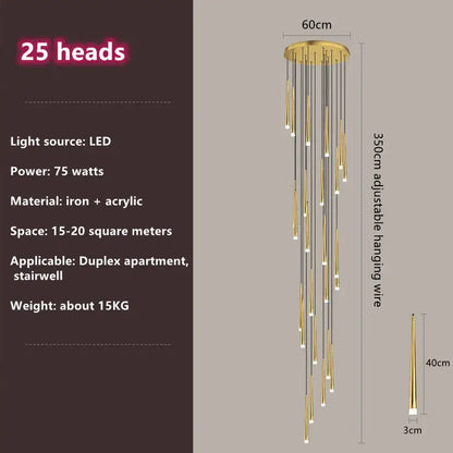 Modern loft black led stair chandelier with gold-toned 25 slender led lights suspended from a circular iron base
