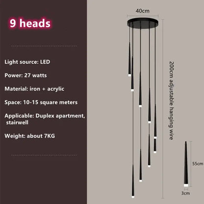 Modern loft black led stair chandelier featuring nine slender cone-shaped led heads on a circular iron base