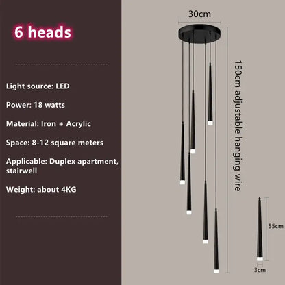 Modern loft black led stair chandelier pendant light with six tapered led heads on circular iron base by decorbites loft black