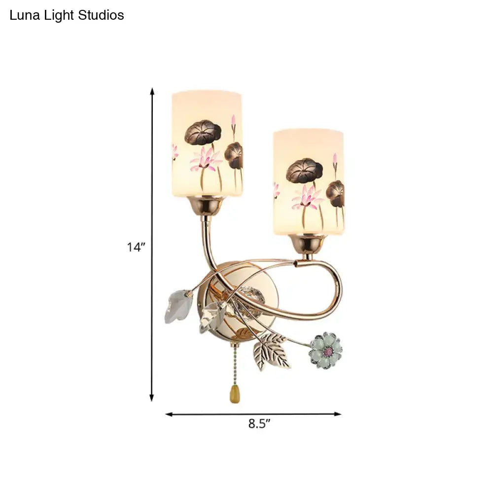 Modern lotus gold finish wall sconce with glass shade floral lotus design and pull chain for bedroom lighting