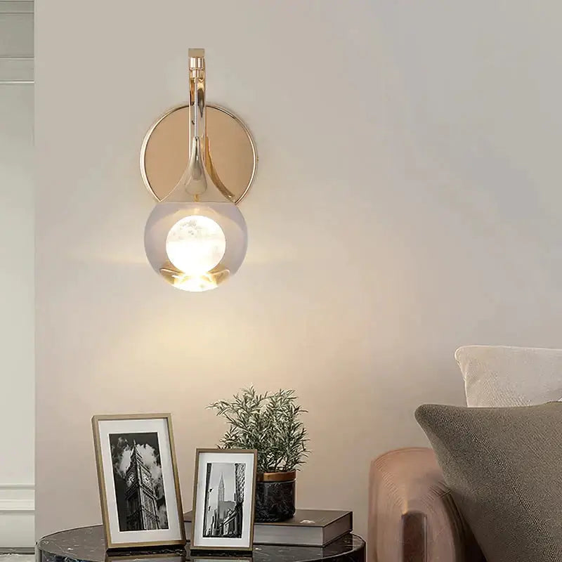 Modern luxurious crystal led wall sconce gold curved lamp with frosted glass globe for elegant bedroom lighting