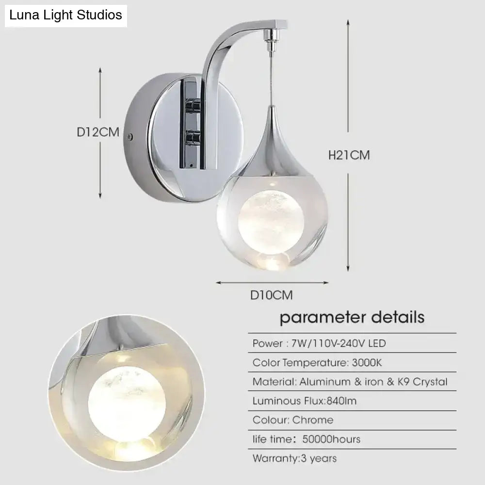 Modern luxurious crystal led wall sconce with chrome finish gold curved lamp and teardrop crystal globe for bedroom use