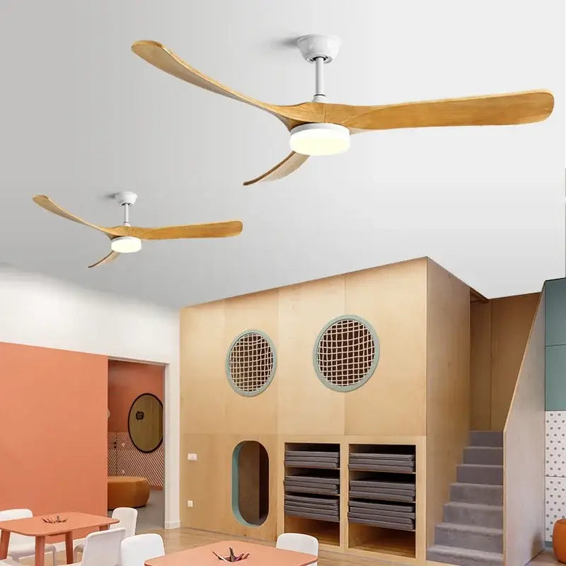 Modern luxury wooden ceiling fan with three light-colored wooden blades and white central housing for living room