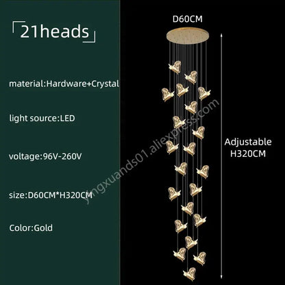 Modern luxury butterfly gold decorbites crystal chandelier with 21 bird-shaped crystal heads for living room lighting