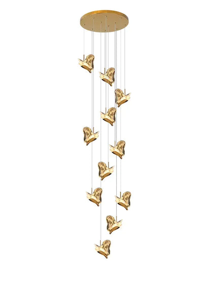 Golden bird-shaped decorbites crystal chandelier with sleek metallic finish and elegant cascading design for living room