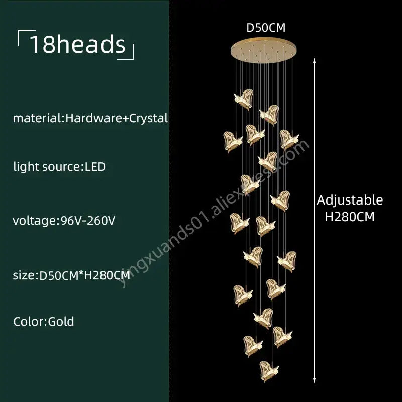 Modern luxury butterfly gold decorbites crystal chandelier with 18 bird-shaped crystal pendants for living room decor