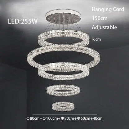 A modern luxury chrome decorbites crystal led chandelier with five concentric rings and 150cm adjustable cord