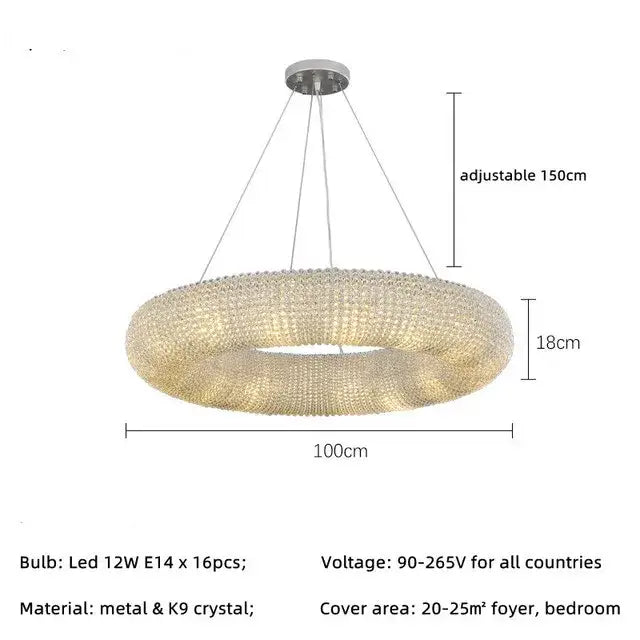 Modern luxury crystal circle chandelier pendant light with metallic frame and warm k9 crystal beads decorbites pendant light