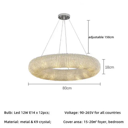 Modern luxury crystal circle chandelier pendant light with metallic frame and intricate k9 crystals for living room decorbites