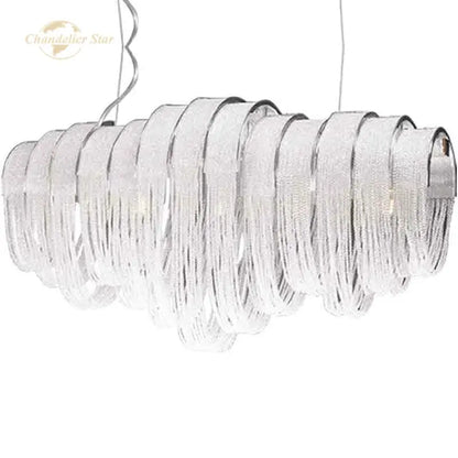 Modern luxury silver-toned circle led tassel chandelier with cascading translucent glass ribbons for living room decorbites crystal circle