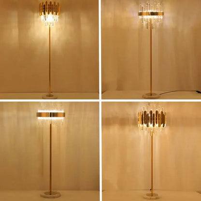 Modern luxury crystal gold floor lamp with slender pole and circular chandelier head featuring clear glass prisms decorbites crystal gold