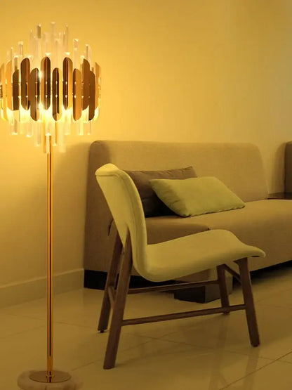 Modern luxury crystal gold floor lamp with golden metallic base and concentric glass panels for living room decorbites crystal gold