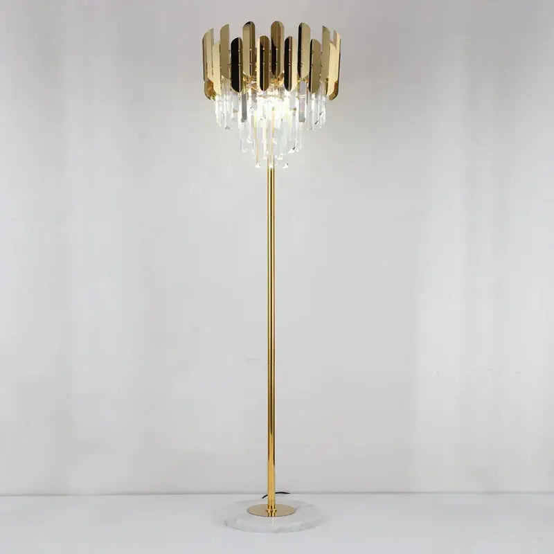 Modern luxury crystal gold floor lamp with slender pole, crystal droplets, and vertical metallic slats decorbites crystal gold
