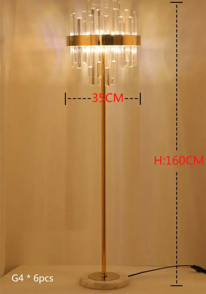 Modern luxury crystal gold floor lamp with slender pole and chandelier-style cascading prisms for living room decorbites crystal gold