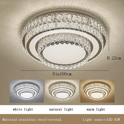 Modern luxury crystal led ceiling lamp featuring a circular stainless steel frame with clear faceted crystals decorbites crystal led