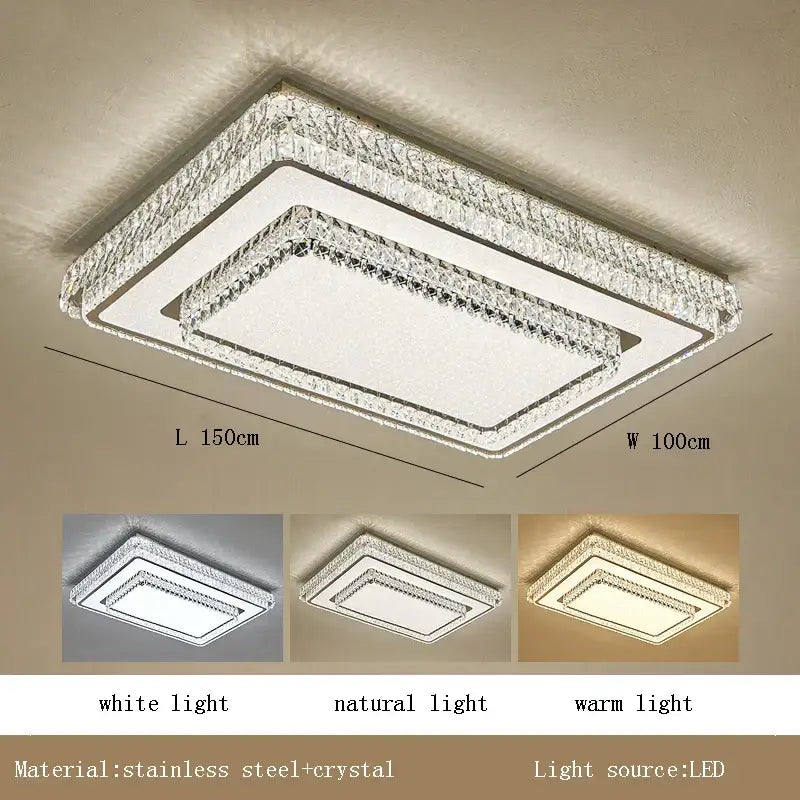 Modern luxury crystal led ceiling lamp with clear crystal layers and stainless steel frame in white, natural, or warm LED lighting
