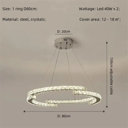Modern luxury chrome-finished crystal led chandelier with two interlocking rings for elegant foyer pendant light decorbites crystal led