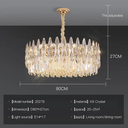Elegant gold-toned decorbites crystal led chandelier with cascading k9 crystal teardrops, 80cm wide and 27cm tall