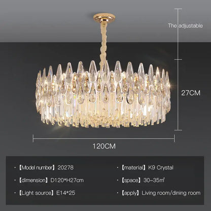 Modern luxury crystal led chandelier with 120cm diameter gold-toned fixture and cascading k9 crystal teardrops decorbites crystal led