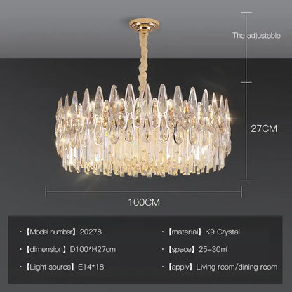 Modern luxury decorbites crystal led chandelier with 100cm gold-toned mount and cascading k9 crystal teardrops for stairway villa light