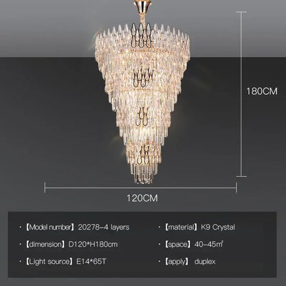 Modern luxury decorbites crystal led chandelier with cascading k9 crystal prisms and gold metal frame, 180cm height