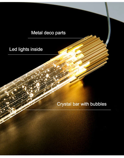 Modern luxury crystal pendant lamp with transparent bubble-embedded bar and golden metal accents for living room ceiling lighting