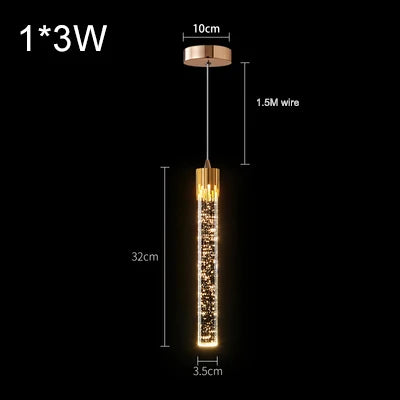 Gold-toned cylindrical crystal pendant lamp with sparkling internal led lights 32cm length for modern home decor