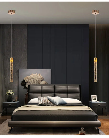 Black leather tufted bed with sleek modern design and minimalist nightstands for luxury crystal pendant lamps decor