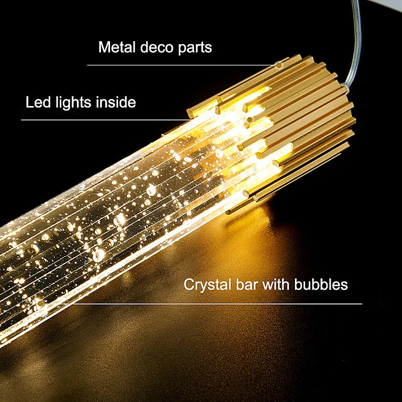 Modern luxury crystal pendant lamp with golden metallic finish embedded led lights and floating bubbles for home decor