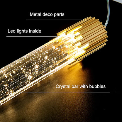 Modern luxury crystal pendant lamp with golden metallic finish embedded led lights and floating bubbles for home decor