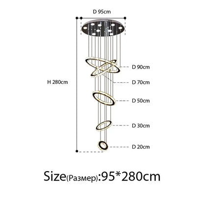 Modern luxury crystal rings chandelier with multiple glowing decorbites crystal rings for staircase lighting fixture